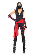 Kvinnlig ninja (aka kunoichi), maskerad-body med midjeband och huva